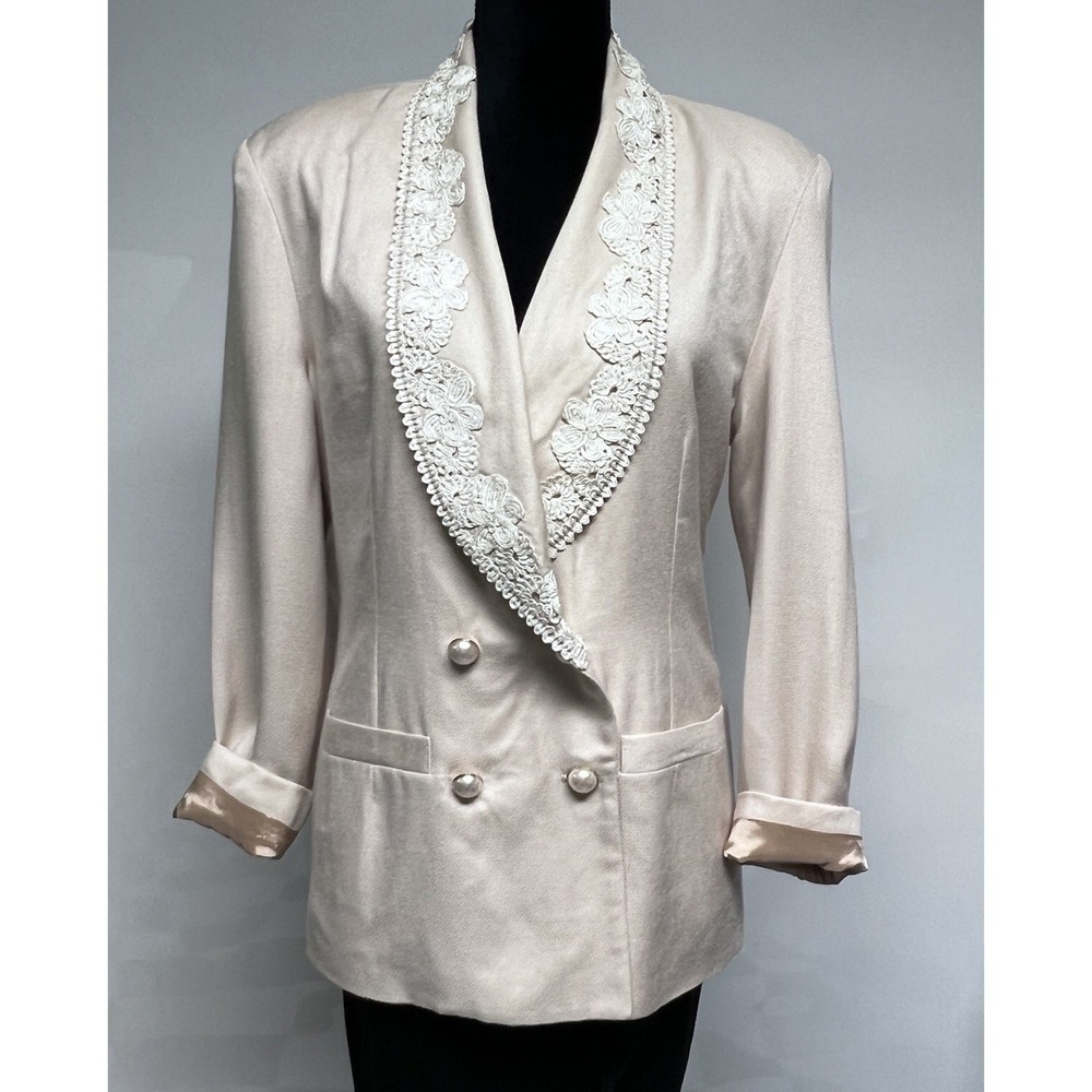 VTG 90s‎ Womens Blazer Oversized Small Old Money Coastal Appliqué Academia Pearl